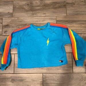 Aviator Nation Turquoise Crop Sweatshirt with Rainbow Sleeve Stripes